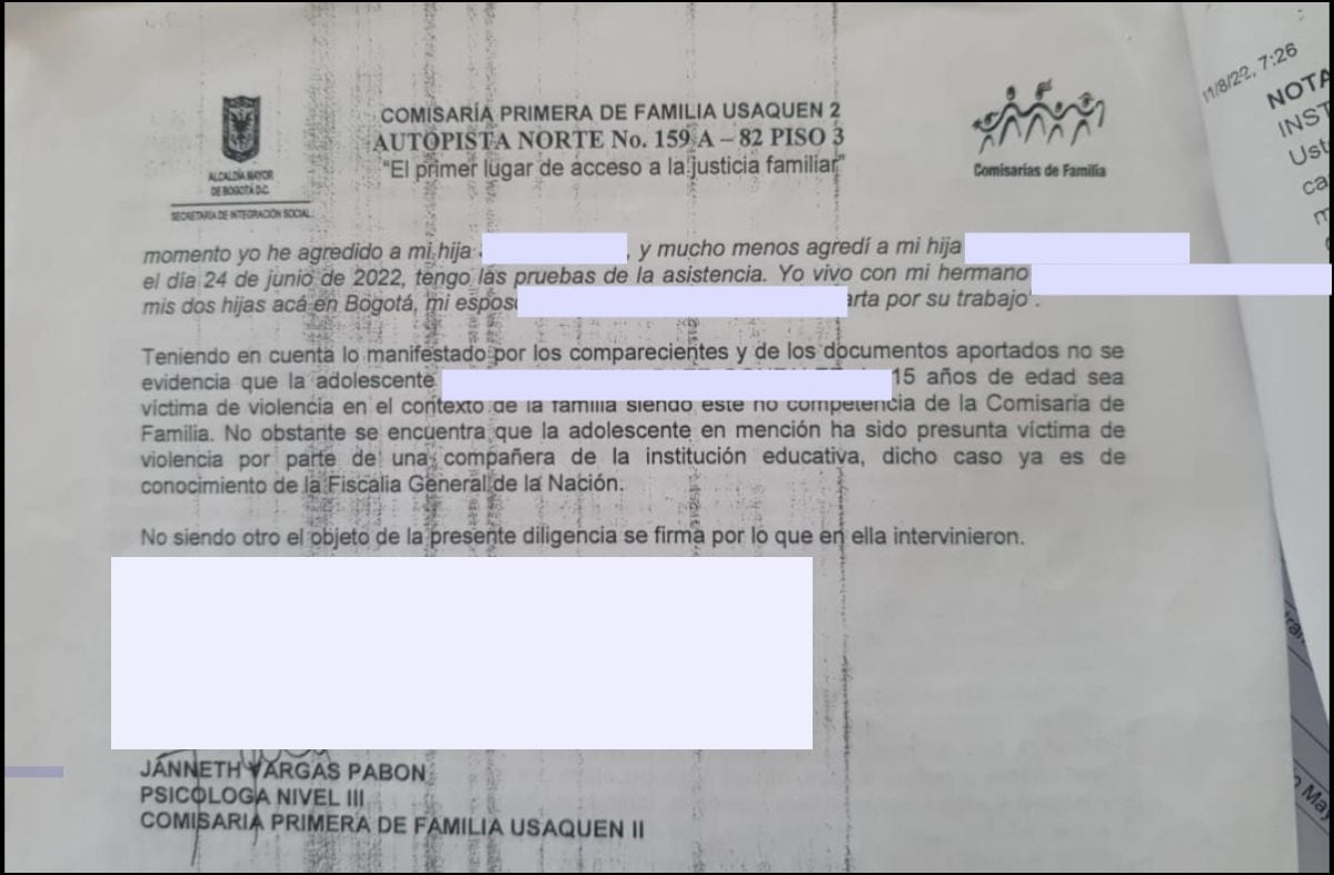 Comisaría primera de Usaquén, evaluación de psicología | Foto: Familia de niña agredida presuntamente a SEMANA