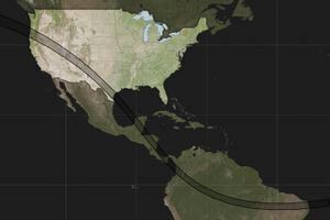 Este mapa, proporcionado por la NASA, muestra la ruta que seguirá el eclipse anular solar del sábado 14 de octubre de 2023 a través de Norteamérica, Centroamérica y Sudamérica. (NASA vía AP)