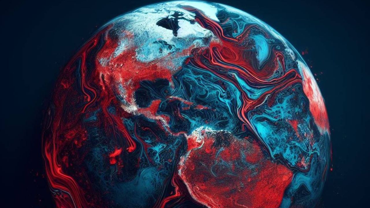 Ilustración creada con IA del planeta Tierra sangrando.