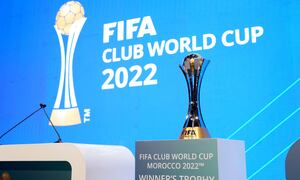 RABAT, MOROCCO - JANUARY 13: The FIFA Club World Cup Trophy is seen on the stage prior to the during the FIFA Club World Cup Morocco 2022 Draw at Auditorium Complexe Mohammed VI de Football on January 13, 2023 in Rabat, Morocco. (Photo by Angel Martinez - FIFA/FIFA via Getty Images)
