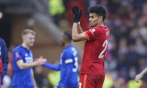 Liverpool's Luis Diaz, center, applauds spectators after the FA Cup fourth round soccer match between Liverpool and Cardiff City at Anfield stadium in Liverpool, England, Sunday, Feb. 6, 2022. (AP Photo/Jon Super)