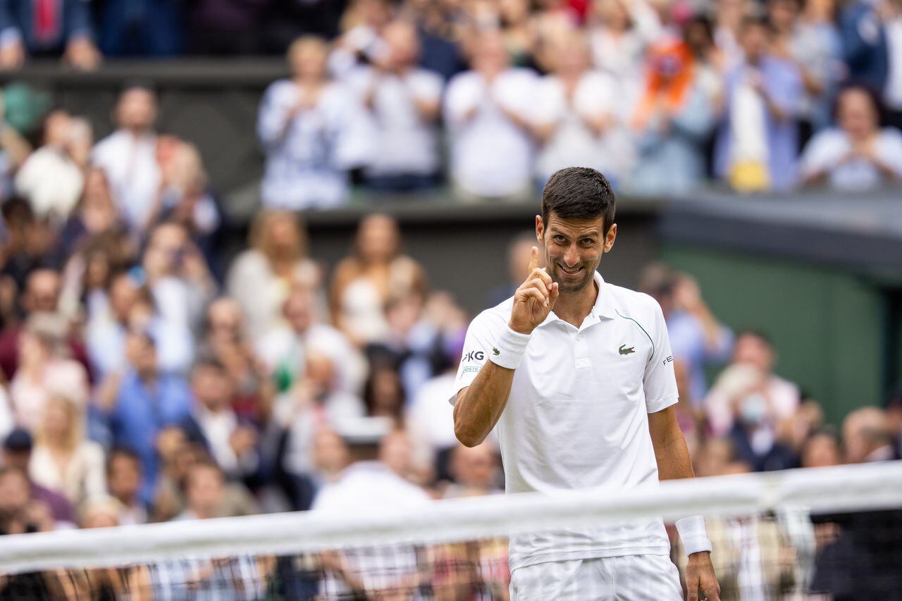 LONDON, ENGLAND - JULY 11: Novak Djokovic of Serbia celebrates his victory during the Men's Singles Final against Matteo Berrettini of Italy (not pictured) at The Wimbledon Lawn Tennis Championship at the All England Lawn and Tennis Club at Wimbledon on July 11, 2021 in London, England. (Photo by Simon Bruty/Anychance/Getty Images)