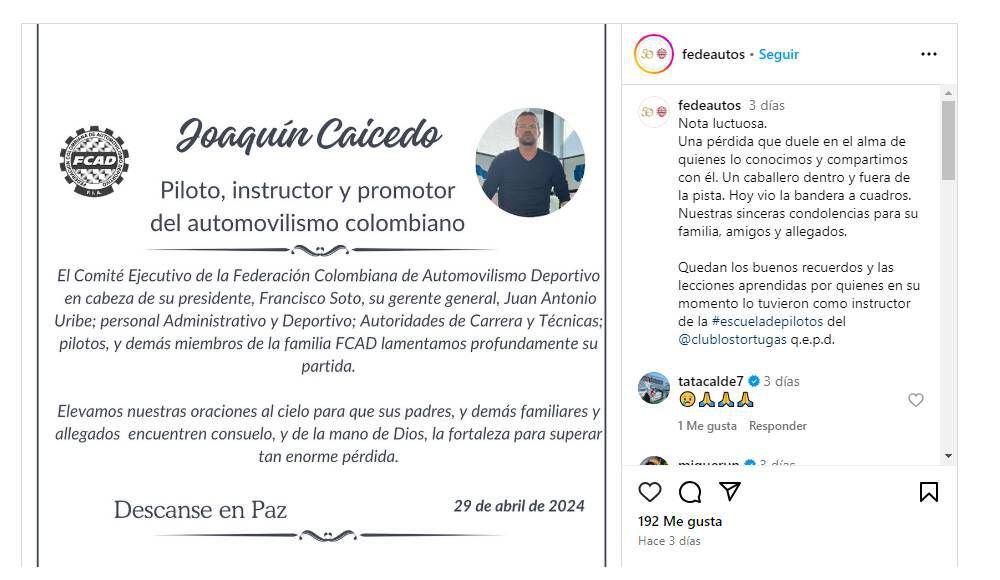 Despedida de Joaquín Caicedo de parte de la Federación Colombiana de Automovilismo