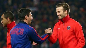 David Beckham y Lionel Messi durante la Champions League 2012-13.