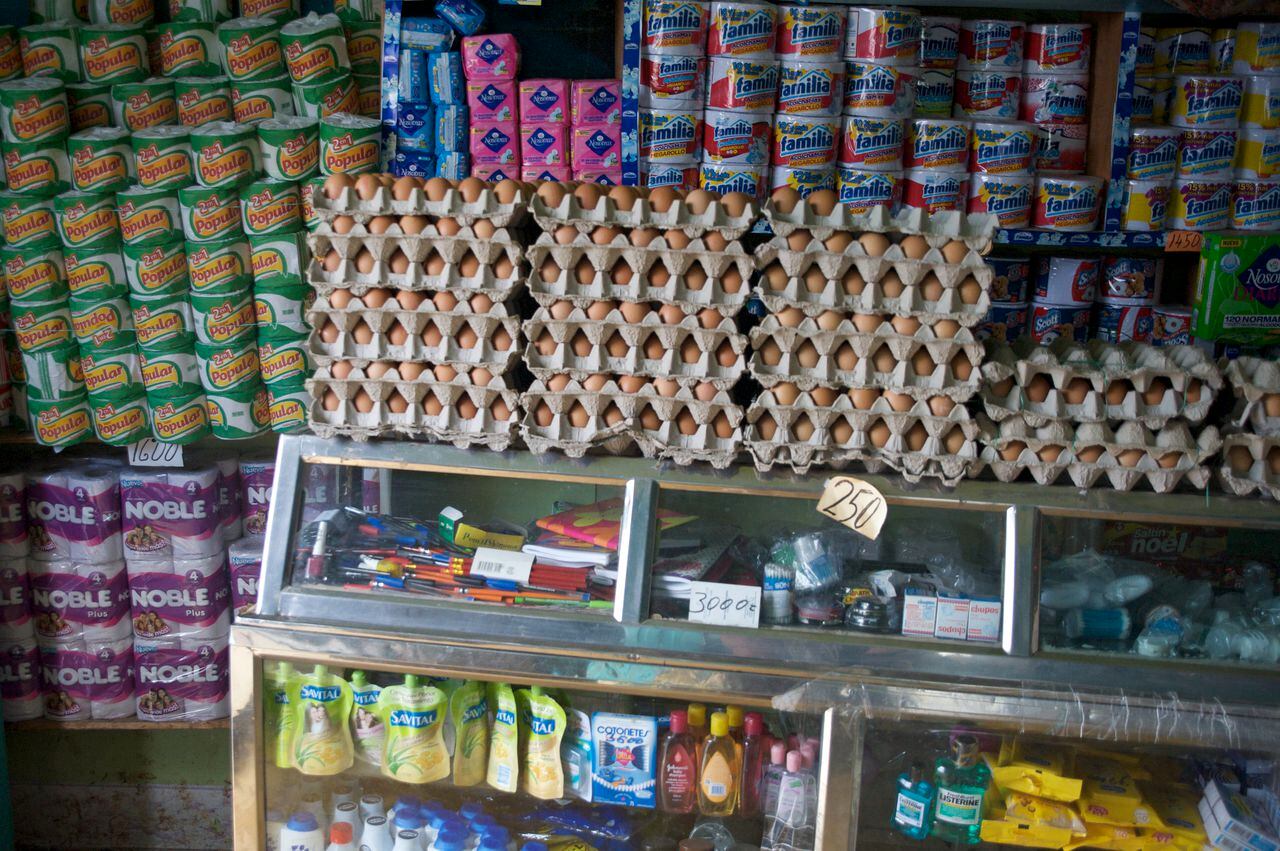 Basic supplies in small store near the main plaza of Filandia.