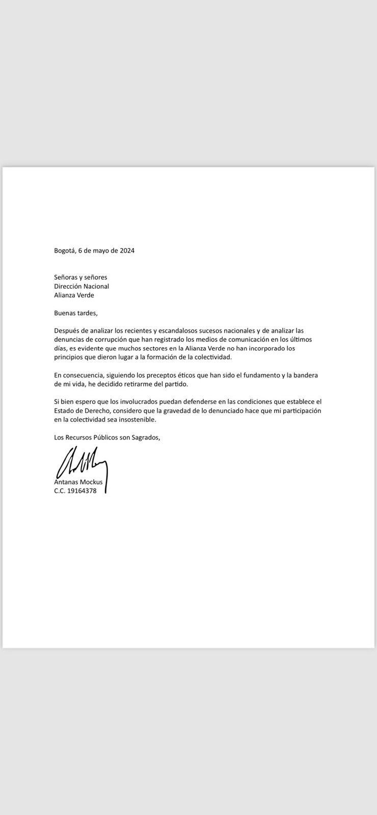 La carta de renuncia de Antanas Mockus.