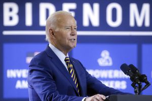 President Joe Biden speaks during a stop at a solar manufacturing company that's part of his "Bidenomics" rollout on Thursday, July 6, 2023, in West Columbia, S.C. (AP Photo/Meg Kinnard)