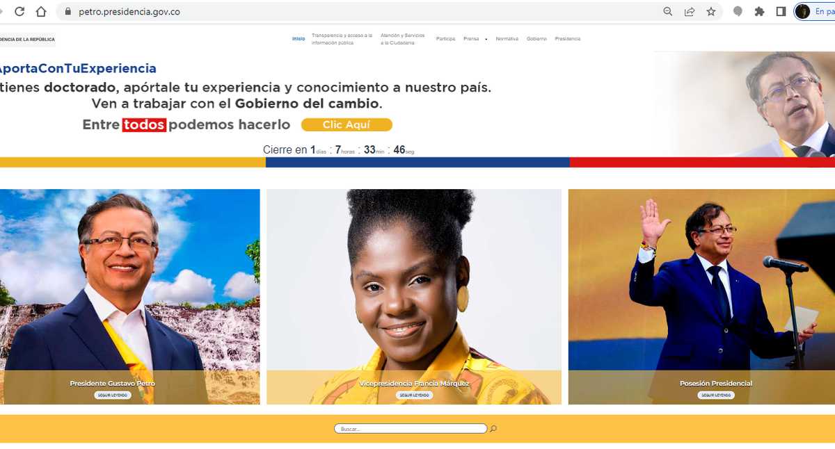 La página web de la Presidencia fue renovada el 7 de agosto, tras la llegada de Gustavo Petro al poder