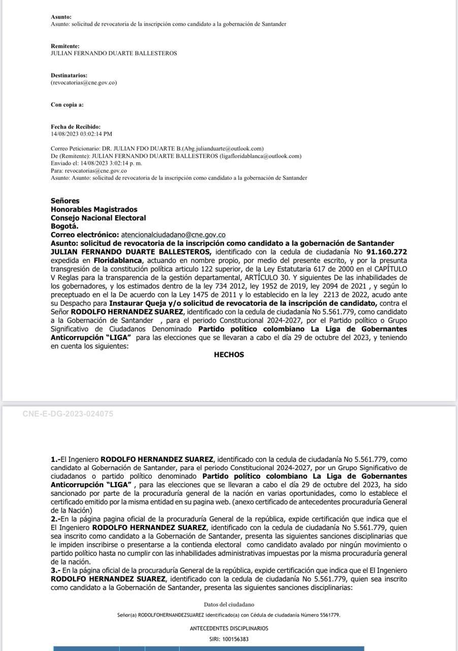 Este es el documento de Julián Fernando Duarte  al CNE contra Rodolfo Hernández.