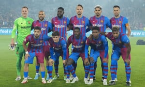 FC Barcelona pose for ateam photo ahead of friendly soccer match against the A-League All Stars' at Stadium Australia in Sydney, Australia, Wednesday, May 25, 2022. (AP Photo/Rick Rycroft)