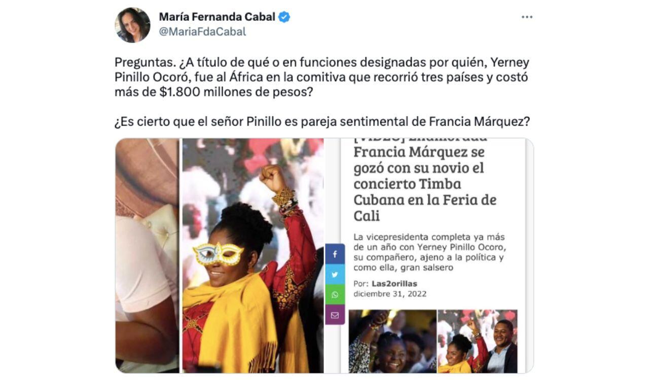 Así denunció María Fernanda Cabal la presencia de la pareja sentimental de la vicepresidente en la comitiva que viajó a África