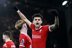 LIVERPOOL, ENGLAND - FEBRUARY 21: Luis Diaz of Liverpool celebrates scoring his team's third goal during the Premier League match between Liverpool FC and Luton Town at Anfield on February 21, 2024 in Liverpool, England. (Photo by Clive Brunskill/Getty Images)