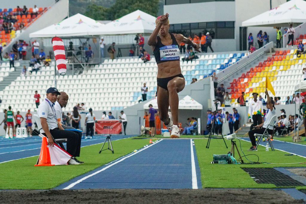 SAN SALVADOR, EL SALVADOR - JULY 05: Yulimar Rojas of Venezuela competes in the Women's Triple Jump final as part of the 2023 Central American and Caribbean Games at Jorge "Magico" Gonzalez Stadium on July 05, 2023 in San Salvador, El Salvador. (Photo by APHOTOGRAFIA/Getty Images)