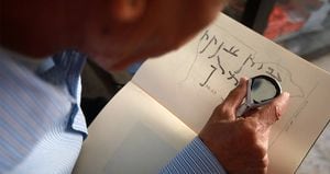 George Zaarour, especialista en arameo, usa una lupa para intentar descifrar un manuscrito en esa lengua en Malula, en la región de Damasco. Foto: Louai Beshara / AFP.