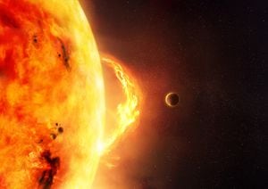 El Sol - Llamarada Solar. Una ilustración del sol y la llamarada solar con un planeta para dar escala al tamaño de la llamarada. Foto: Getty Images.
