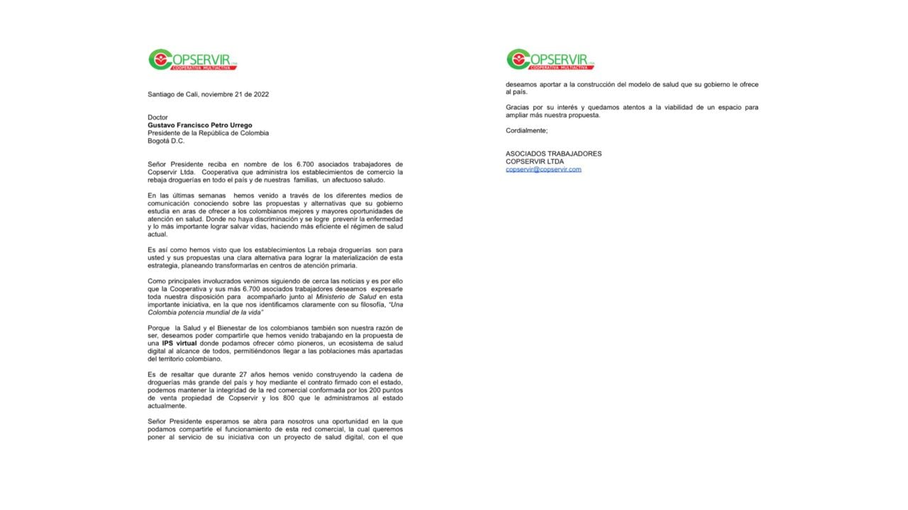 Carta de la cooperativa que administra Drogas La Rebaja al presidente, Gustavo Petro.