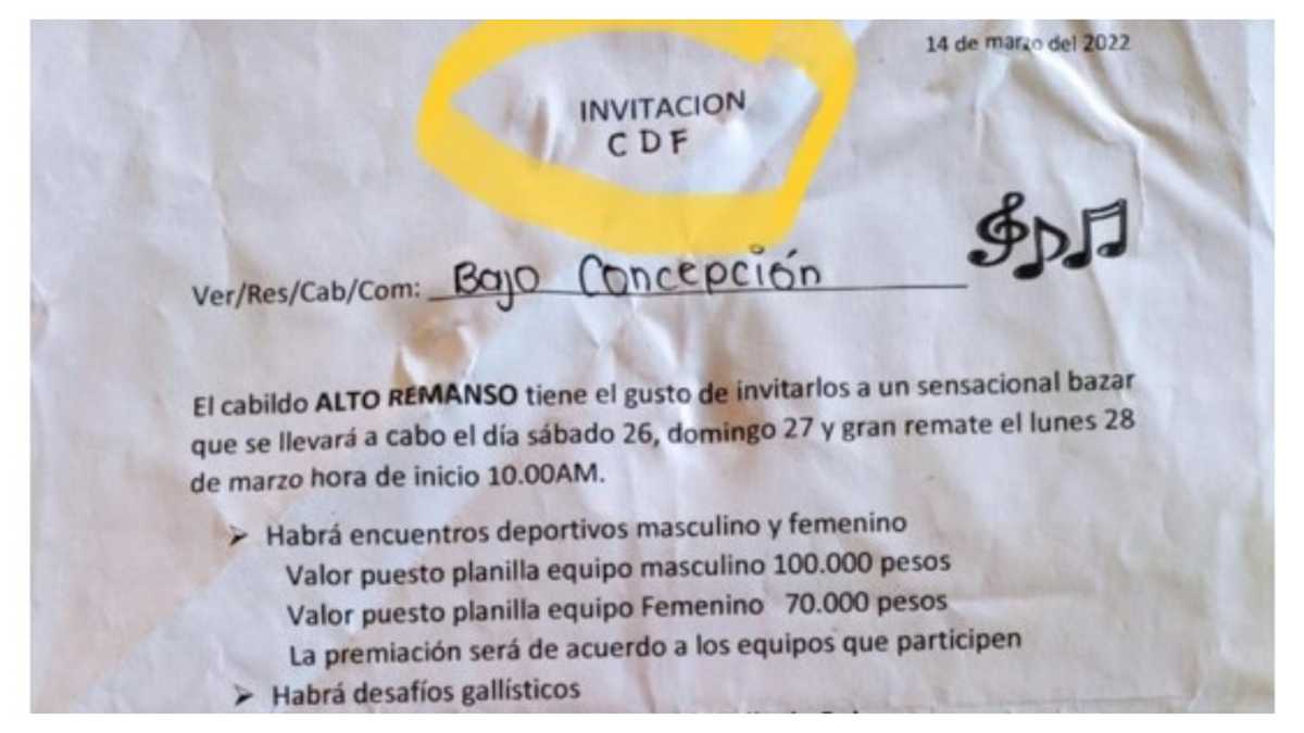 Esta era la invitación al bazar. Las siglas CDF, según los investigadores, hacen referencia al Comando de Frontera, como se conoce al frente 48 de las disidencias de las Farc que operan en el Putumayo.