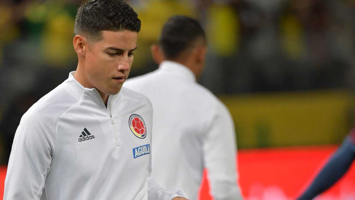 Colombia's James Rodriguez warms up before the South American qualification football match for the FIFA World Cup Qatar 2022 between Brazil and Colombia, at the Neo Quimica Arena, previously known as Arena Corinthians, in Sao Paulo, Brazil, on November 11, 2021.