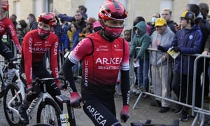 Colombia's Nairo Quintana, right, arrives for the first stage of the Paris Nice cycling race over 159.8 kilometers (98 miles) with start and finish in Mantes La Ville, north west of Paris, France, Sunday, March 6, 2022. (AP/Francois Mori)