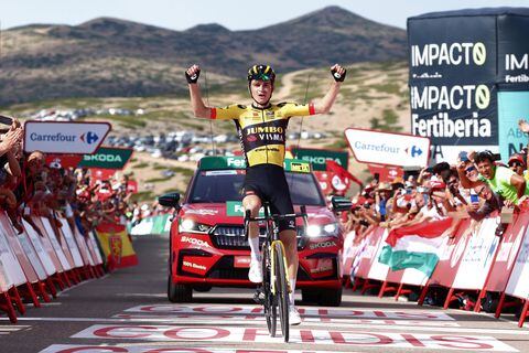 OBSERVATORIO ASTROFÍSICO DE JAVALAMBRE, SPAIN - AUGUST 31: Sepp Kuss of The United States and Team Jumbo-Visma celebrates at finish line as stage winner during the 78th Tour of Spain 2023, Stage 6 a 183.1km stage from La Vall d'Uixó to Observatorio Astrofísico de Javalambre 1947m / #UCIWT / on August 31, 2023 in Observatorio Astrofísico de Javalambre - Pico del Buitre, Spain. (Photo by Alexander Hassenstein/Getty Images)