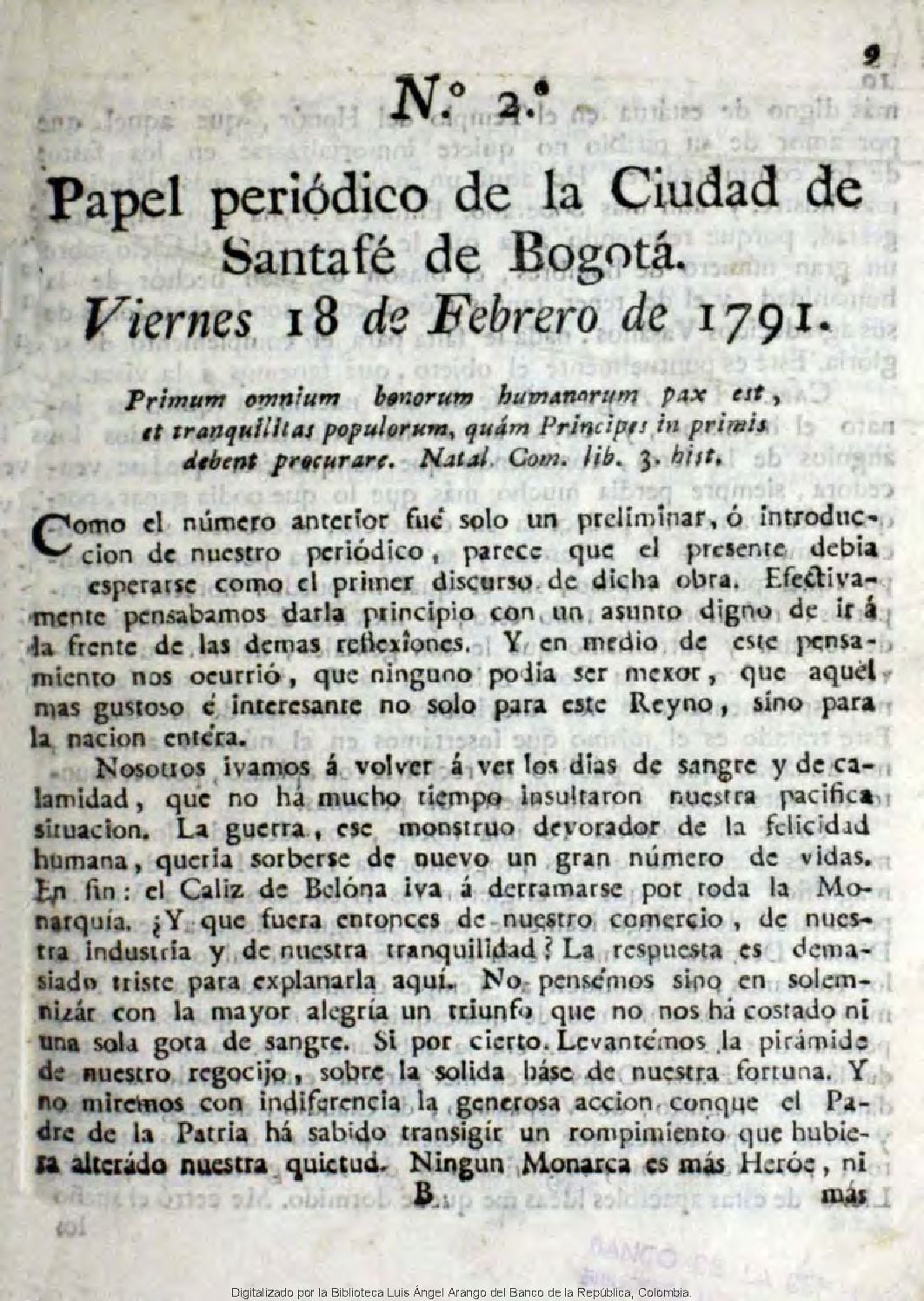 Periódico de Santa Fe. Tomado del Archivo del Banco de la República.