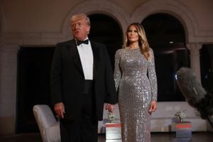 PALM BEACH, FLORIDA - DECEMBER 31: Former U.S. President Donald Trump and former first lady Melania Trump arrive for a New Years event at his Mar-a-Lago home on December 31, 2022 in Palm Beach, Florida. Trump continues to run for a second term as the President of the United States. (Photo by Joe Raedle/Getty Images)