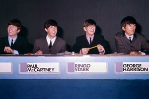 (FILES) In this file photo taken in 1964 English band The Beatles (LtoR) John Lennon, Paul McCartney, Ringo Starr and George Harrison are pictured are pictured during a press conference in London. - Paul McCartney will celebrate his 80th birthday on June 18, 2022. (Photo by C.PRESS / AFP)