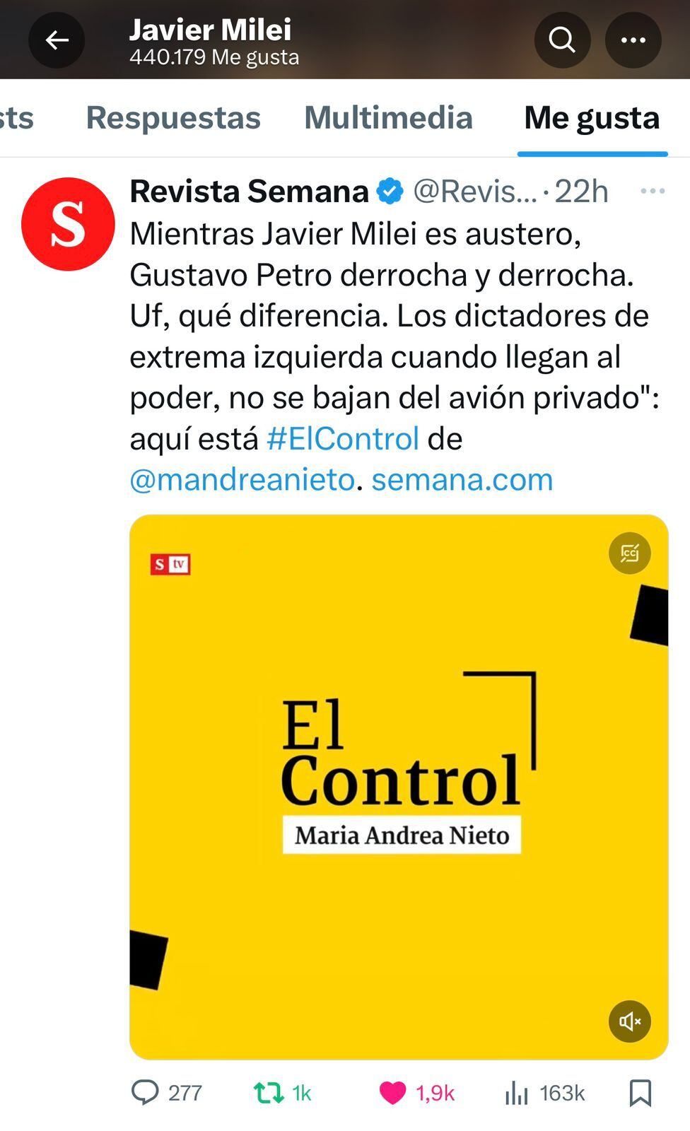 Javier Milei le da 'like' al programa El Control, de María Andrea Nieto, en SEMANA