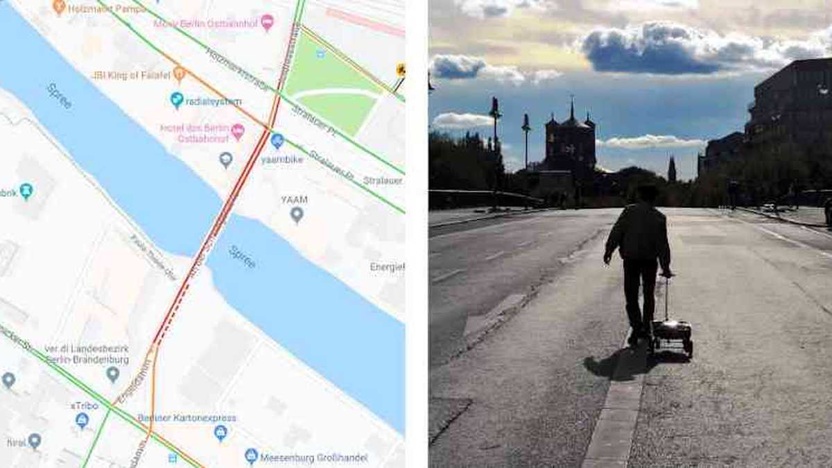 Con 99 celulares con la aplicación ejecutándose y 102 segundos de paseo, el artista logró que Google Maps creyera que había un fuerte trancón en una solitaria calle de Berlín.