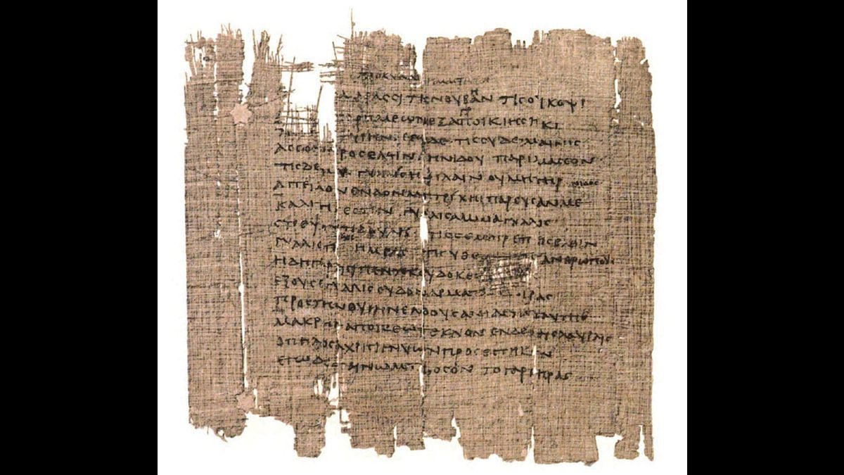 Primera columna de un papiro donde aparece un fragmento de los ‘Mimiambos’ de Herodas. Wikimedia Commons
