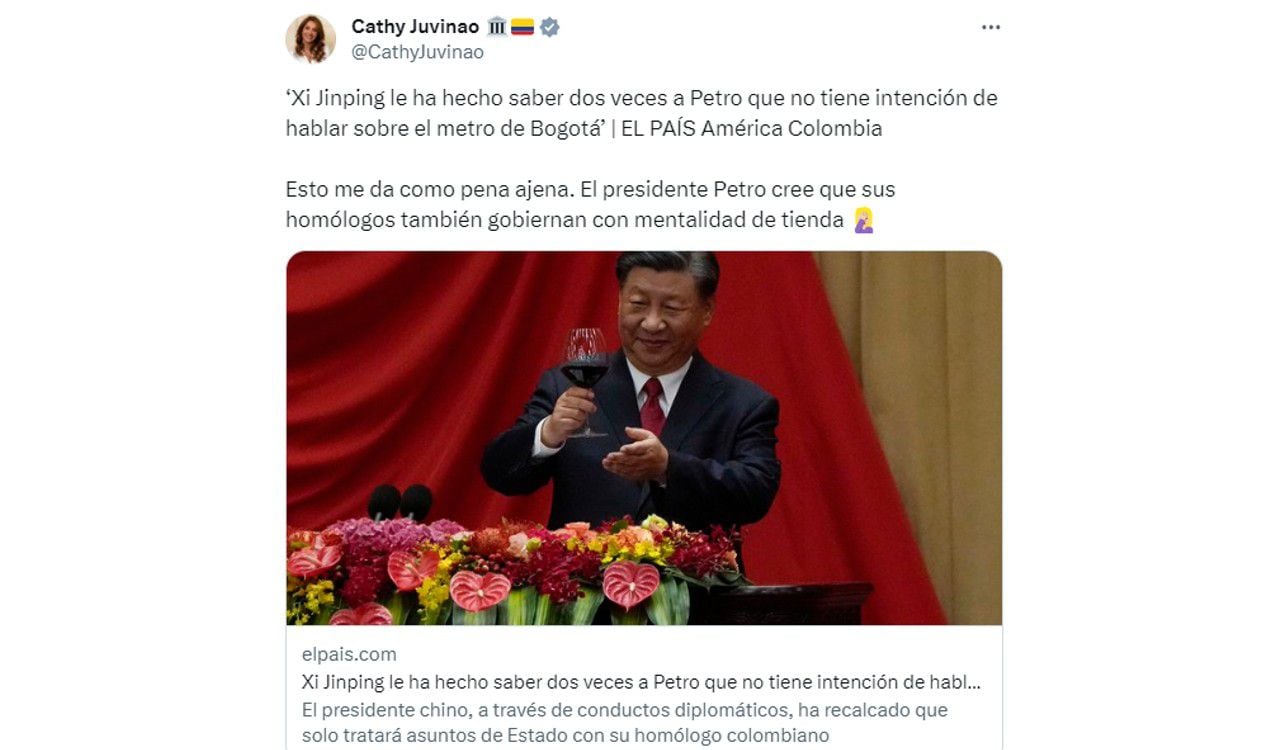 La representante Cathy Juvinao también opinó sobre la respuesta de Xi Jinping al presidente Petro sobre el metro de Bogotá