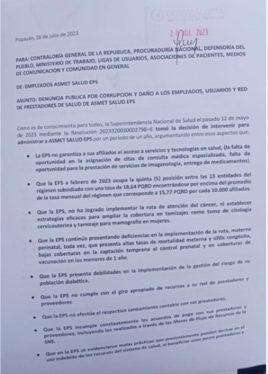 Texto de la denuncia contra intervención de Asmet Salud.