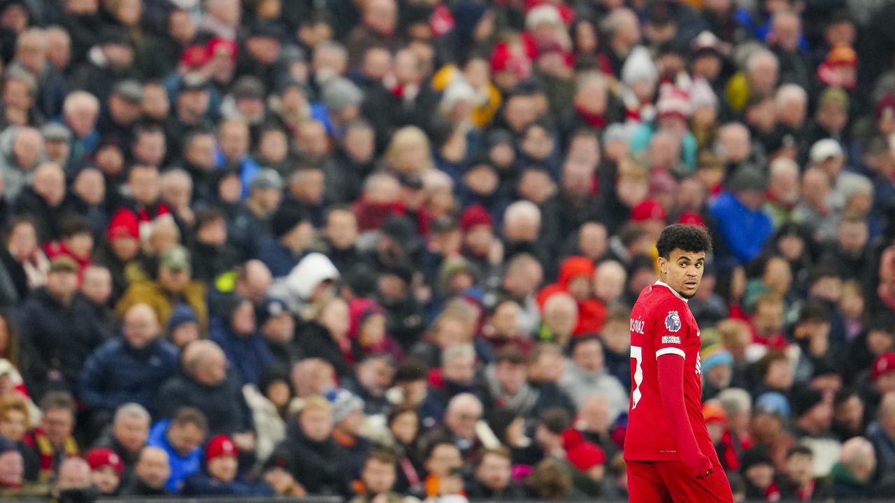 Liverpool's Luis Diaz enters to the pitch during the English Premier League soccer match between Liverpool and Brentford at Anfield stadium in Liverpool, England, Sunday, Nov. 12, 2023. (AP Photo/Jon Super)