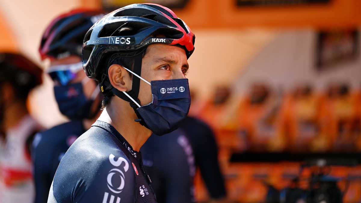 ESPINOSA DE LOS MONTEROS, SPAIN - AUGUST 16: Egan Arley Bernal Gomez of Colombia and Team INEOS Grenadiers prepares for the race prior to the 76th Tour of Spain 2021, Stage 3 a 202,8km stage from Santo Domingo de Silos to Espinosa de los Monteros - Picón Blanco 1485m / @lavuelta / #LaVuelta21 / #CapitalMundialdelCiclismo / on August 16, 2021 in Espinosa de los Monteros, Spain. (Photo by Stuart Franklin/Getty Images)