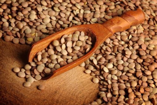 Dried lentils with a wooden scoop