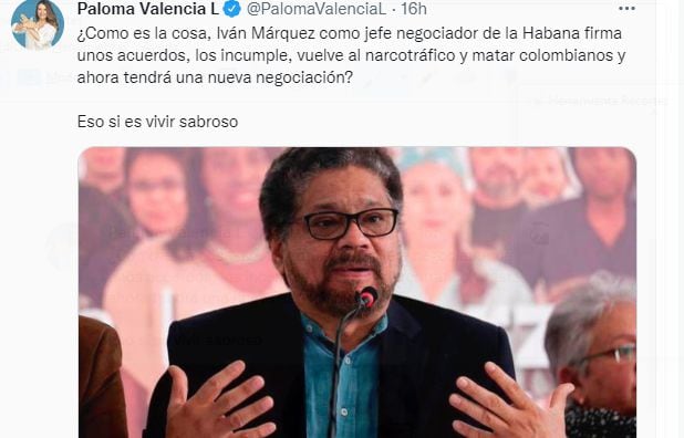 Trino de Paloma Valencia sobre Iván Márquez.