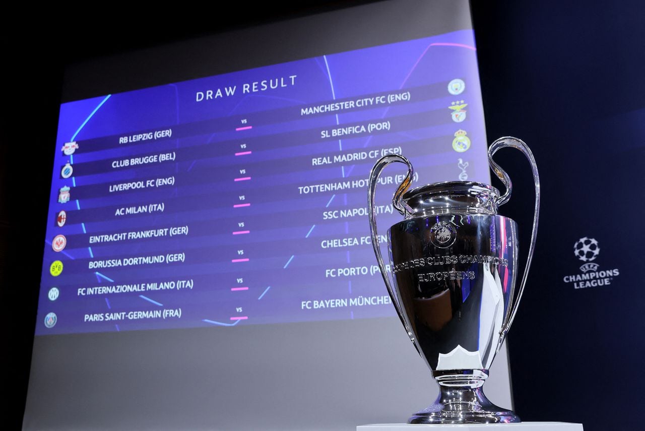 Soccer Football - Champions League - Round of 16 Draw - Nyon, Switzerland - November 7, 2022 General view of the results of the draw on the big screen and the trophy REUTERS/Denis Balibouse