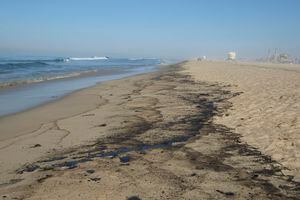 El petróleo llegó a Huntington Beach, California, el domingo 3 de octubre de 2021. Un gran derrame de petróleo frente a la costa del sur de California afectó las playas populares y mató a la vida silvestre mientras las cuadrillas luchaban el domingo para contener el crudo antes de que se extendiera más hacia humedales protegidos. Foto AP / Ringo H.W. Chiu