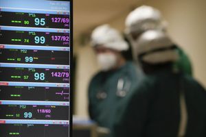 A monitor showing vital parameters of COVID-19 patients in Rome, Monday, Feb. 7, 2022. (AP Photo/Gregorio Borgia).