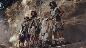 Tribu de cazadores-recolectores que llevan piel de animal sosteniendo herramientas de piedra con puntas