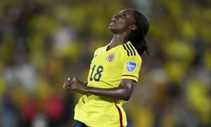 Colombia's Linda Caicedo misses a chance to score during a women's Copa America semi final soccer match against Argentina in Bucaramanga, Colombia , Monday, July 25, 2022. (AP Photo/Dolores Ochoa)