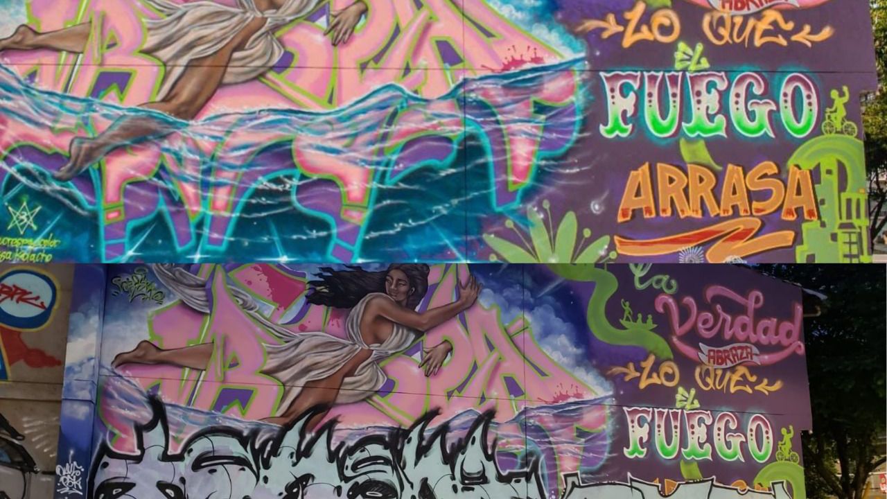 Antes y después de la obra vandalizada por graffiteros.