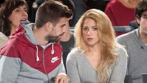 BARCELONA, SPAIN - NOVEMBER 29:  Gerard Pique, FC Barcelona soccer player and his partner singer Shakira attend the 2013-2014 Turkish Airlines Euroleague Regular Season Date 7 game between FC Barcelona Regal v Fenerbahce Ulker Istanbul at Palau Blaugrana on November 29, 2013 in Barcelona, Spain.  (Photo by Rodolfo Molina/Euroleague Basketball via Getty Images)