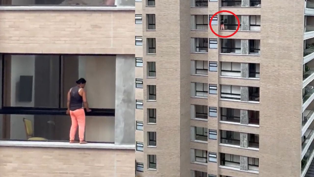 Mujer arriesga su vida tras limpiar ventadas desde el piso doce de un edificio de Medellín sin los elementos de protección.