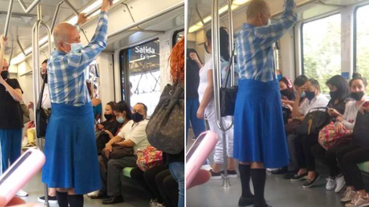 Adulto mayor en falda despertó curiosidad en usuarios del Metro de Medellín.