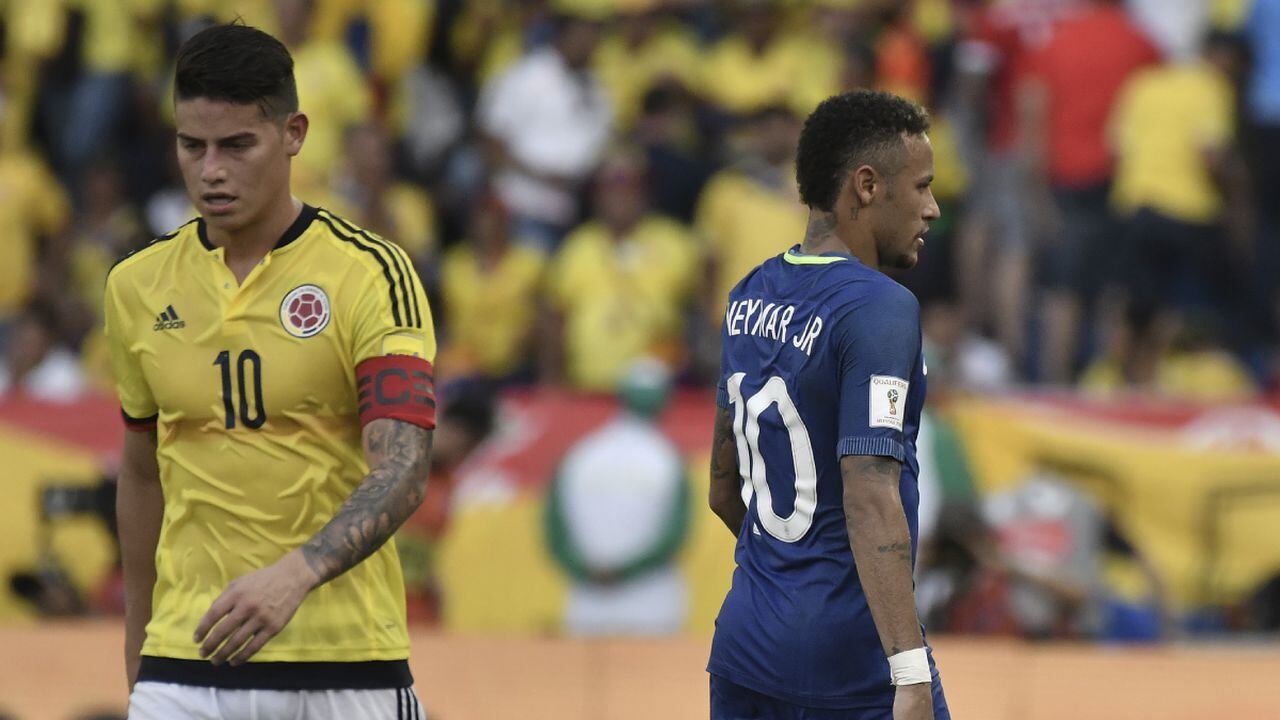 BARRANQUILLA, COLOMBIA - SEPTEMBER 05: Neymar Jr (R) of Brazil and James Rodriguez of Colobia leave the field after a match between Colombia and Brazil as part of FIFA 2018 World Cup Qualifiers at Metropolitano Roberto Melendez Stadium on September 05, 2017 in Barranquilla, Colombia. (Getty Images/Gabriel Aponte)