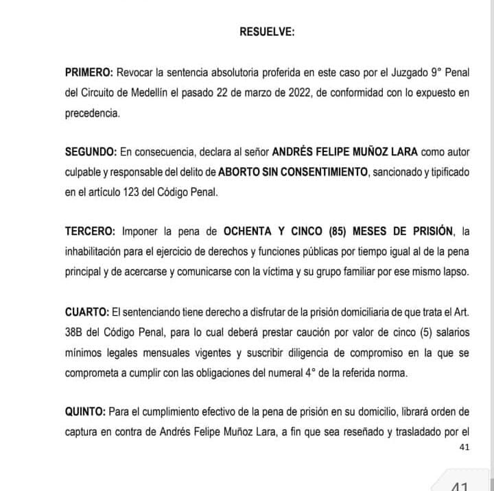 La decisión del Tribunal de Medellín que condenó al músico y barrista Felipe Muñoz.