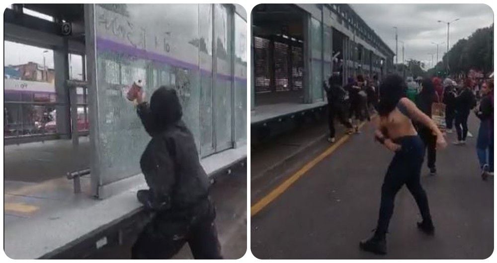 Mujeres feministas vandalizaron estación de TransMilenio en Bogotá en medio de protestas.