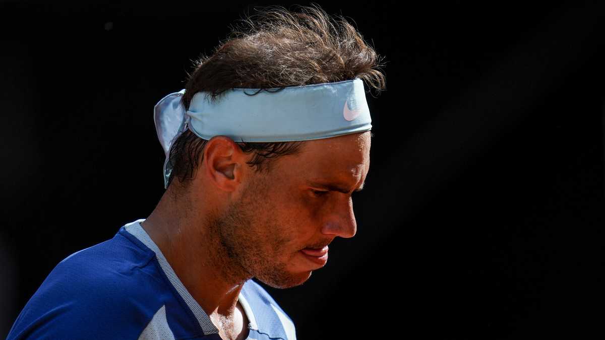 Spain's Rafael Nadal looks during his match against David Goffin of Belgium at the Mutua Madrid Open tennis tournament in Madrid, Spain, Thursday, May 5, 2022. (AP Photo/Manu Fernandez)